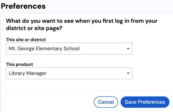 Profile preferences setup with defualt site and product selected.